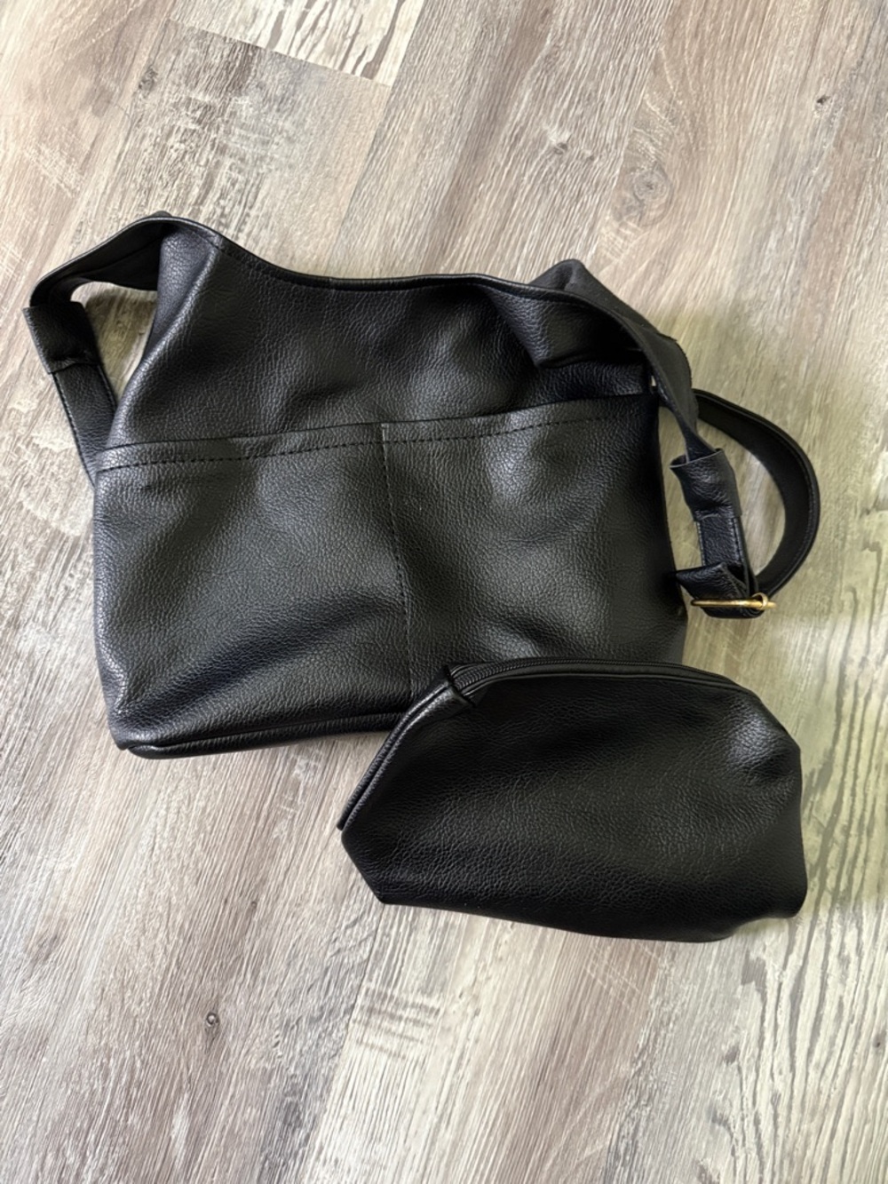 Black Leather Shoulder Bag with Matching Pouch